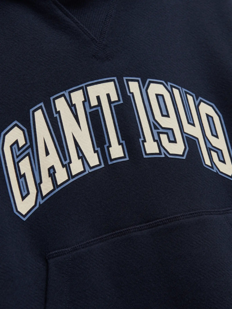 Closer view of the GANT varsity hoodie.