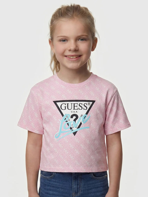 Closer look at the Guess 4g t-shirt showing detail of the iridescent love slogan.