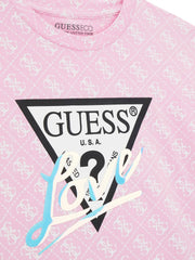 Closer look at the Guess 4g t-shirt showing detail of the iridescent love slogan.
