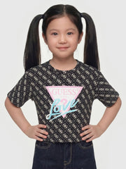 Closer look at the Guess 4g t-shirt showing detail of the iridescent love slogan.