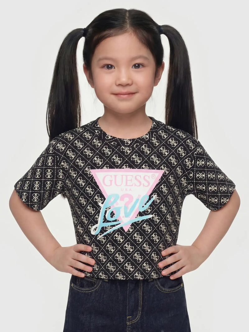 Closer look at the Guess 4g t-shirt showing detail of the iridescent love slogan.