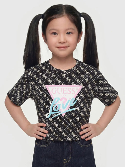 Closer look at the Guess 4g t-shirt showing detail of the iridescent love slogan.