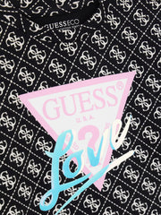 Closer look at the Guess 4g t-shirt showing detail of the iridescent love slogan.