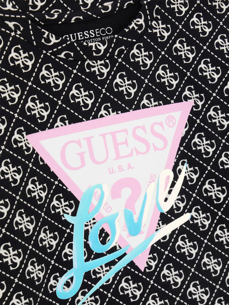 Closer look at the Guess 4g t-shirt showing detail of the iridescent love slogan.