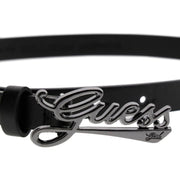 Closer look at the Guess belt showing detail of the black logo buckle.