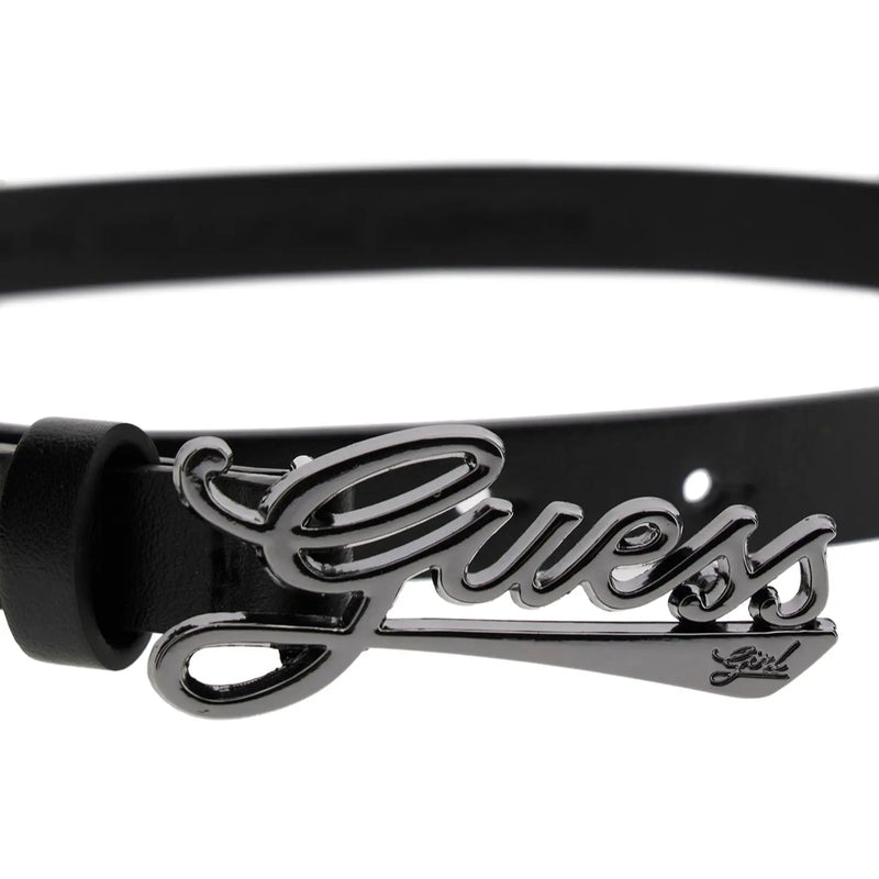 Closer look at the Guess belt showing detail of the black logo buckle.