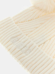 Closer look at the Guess bobble hat showing detail of the embroidered logo.