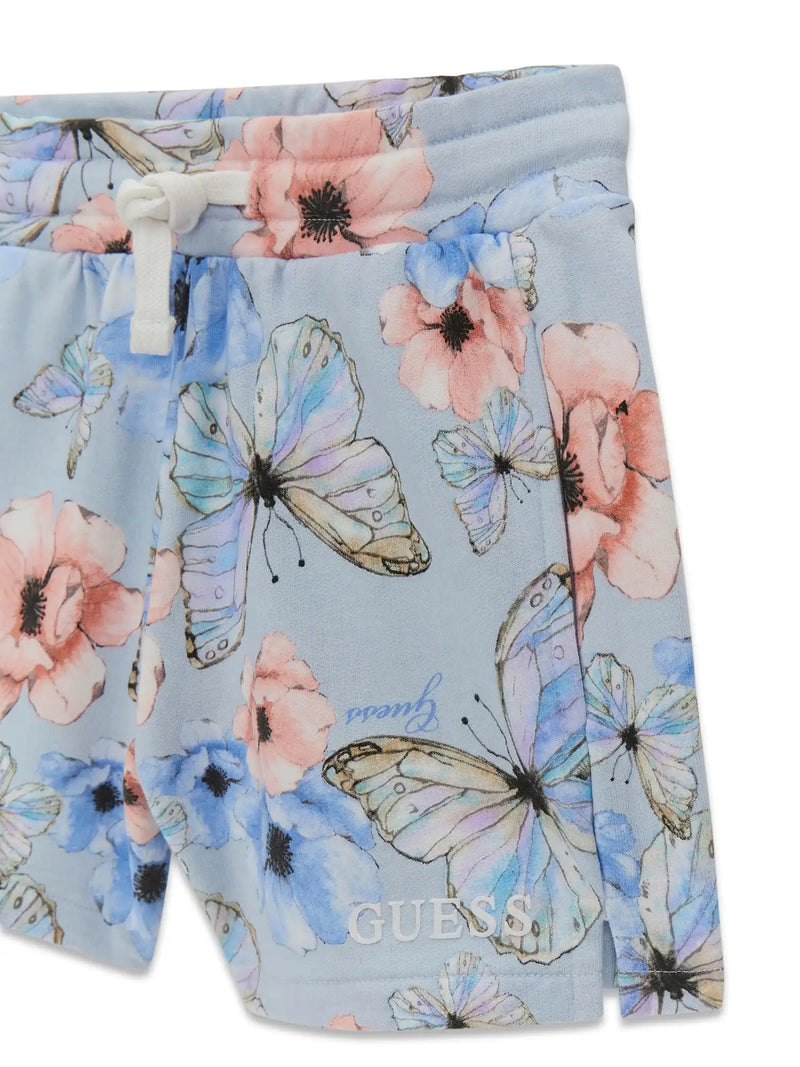 Closer view of the Guess butterfly shorts.