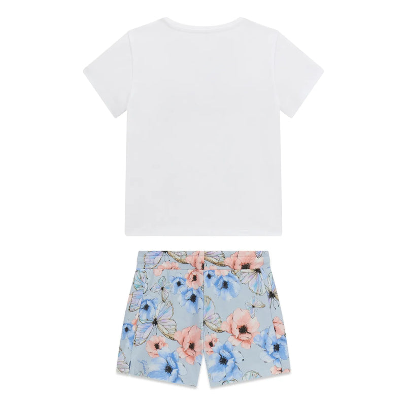 Rear view of the Guess butterfly shorts set.