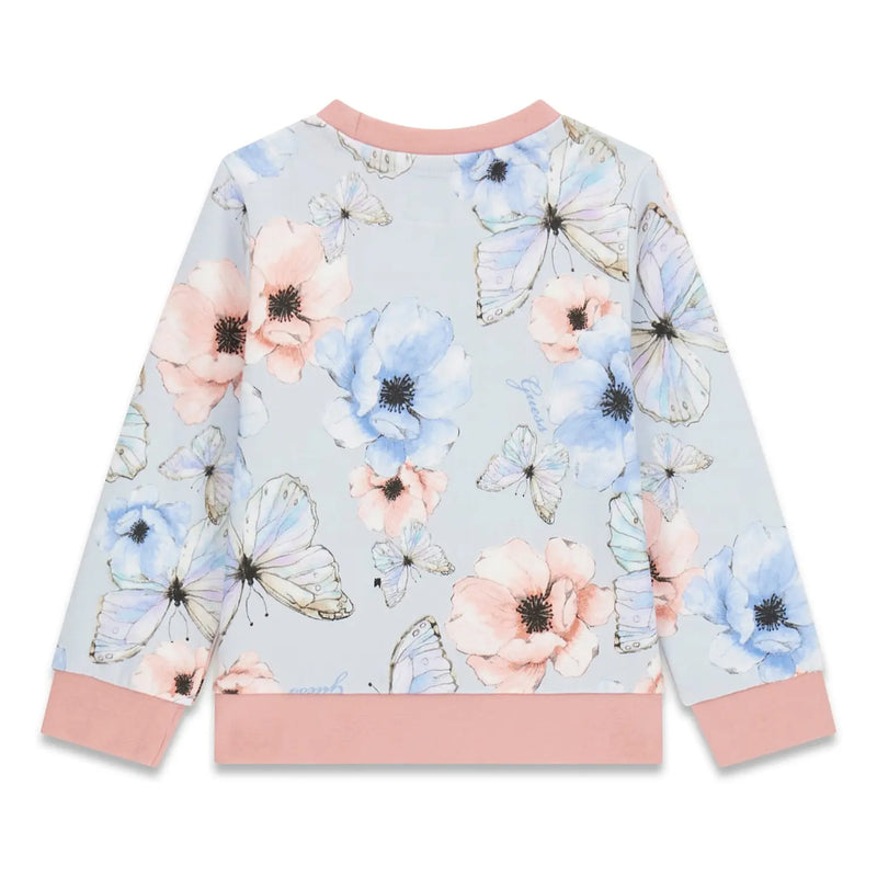 Rear view of the Guess girl's butterfly sweatshirt.