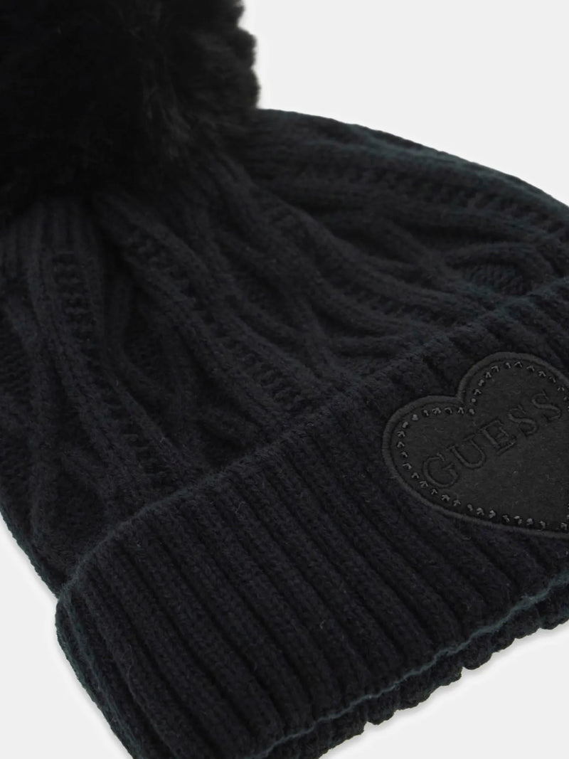 Closer look at the Guess cable knit bobble hat.