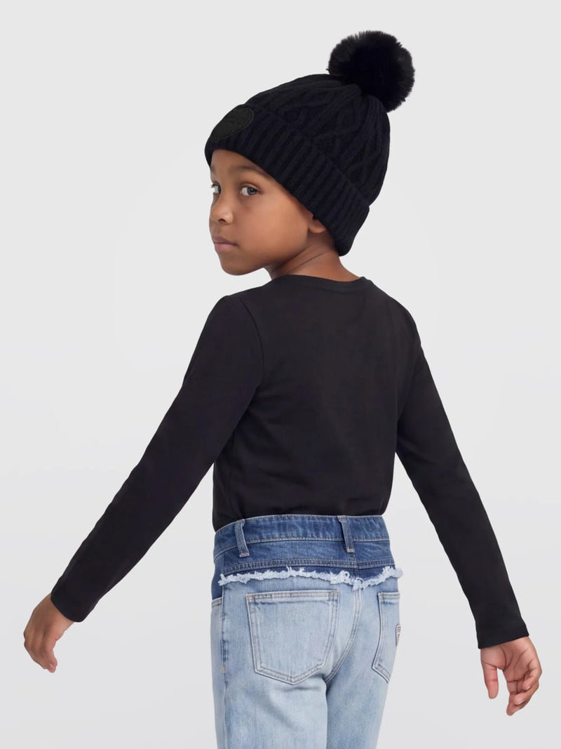 Rear view of the Guess black cable knit bobble hat.