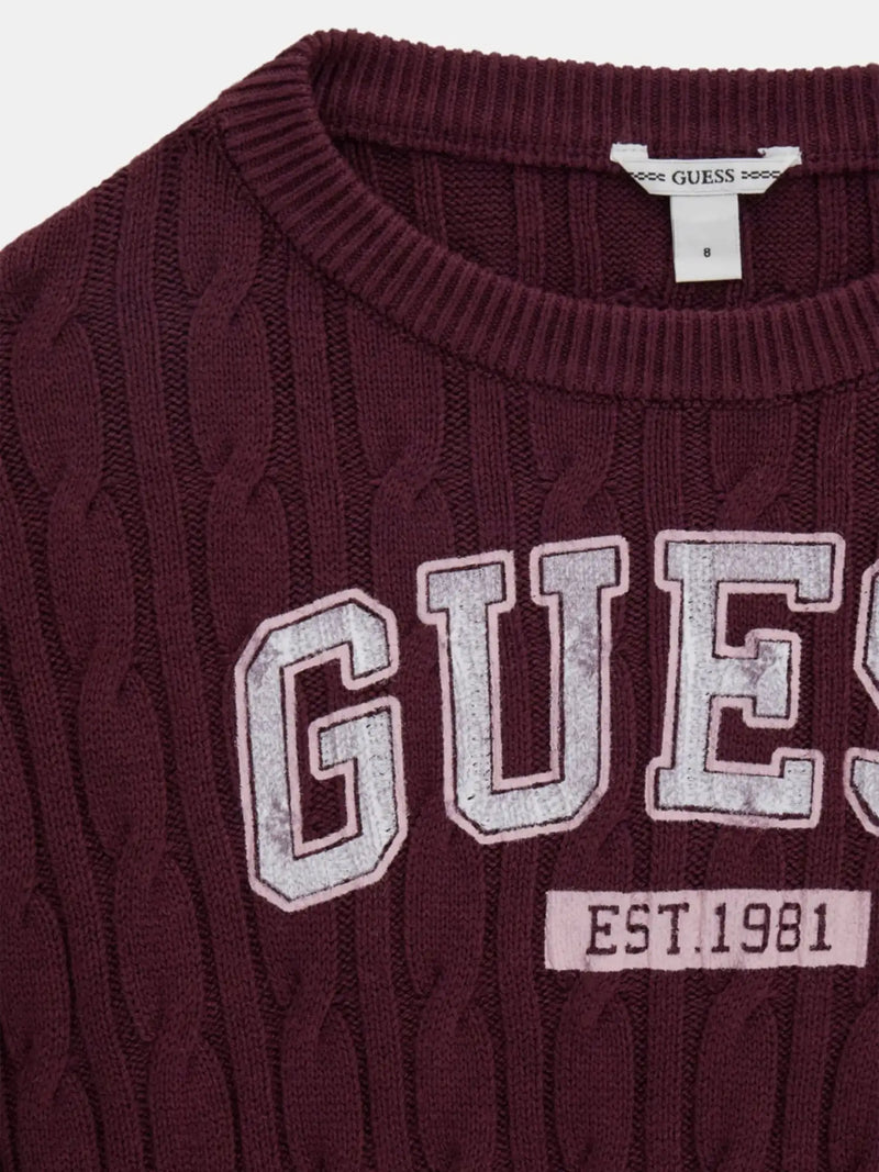 Closer look at the Guess cable knit sweater showing detail of the varsity logo.