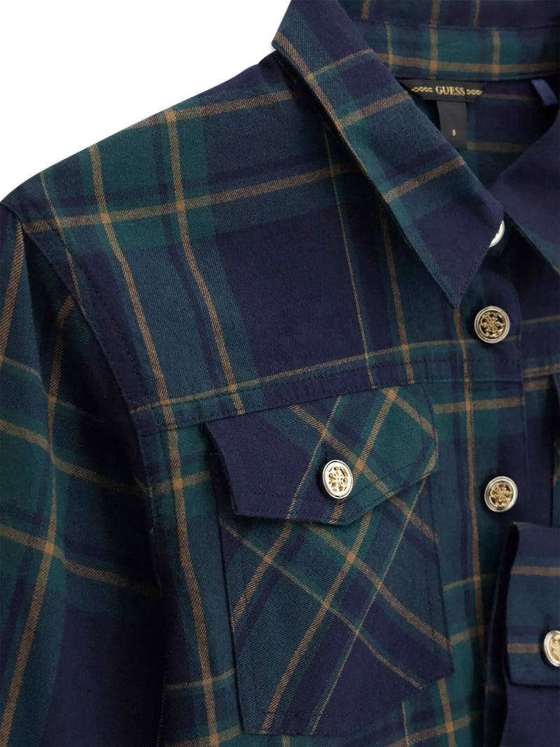 Closer view of the Guess plaid shirt.