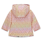 Rear view of the Guess pink quilted coat.