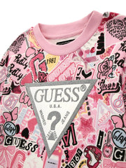 Guess pink top with logo collage print.