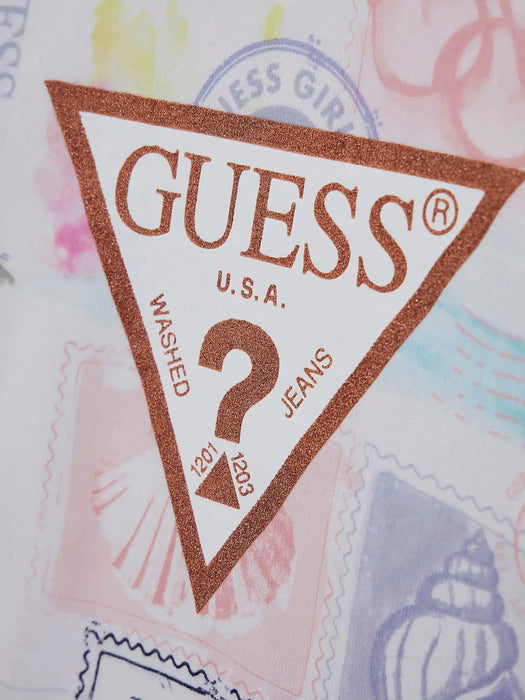 Closer look at the Guess collage print sweatshirt.