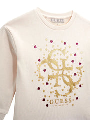 Closer look at the Guess combined dress showing detail of the gold glitter logo.