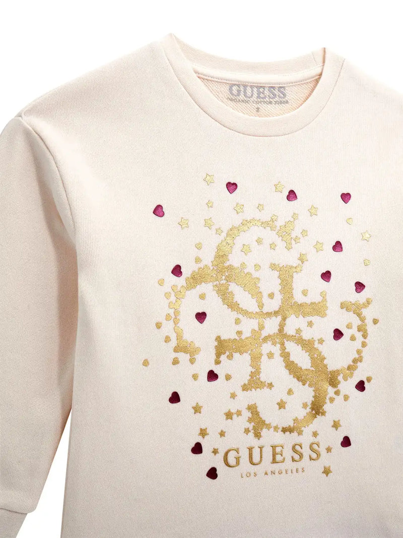 Closer look at the Guess combined dress showing detail of the gold glitter logo.