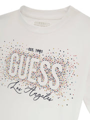 Closer look at the Guess cropped t-shirt showing detail of the rhinestone logo.