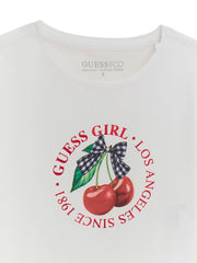 Closer look at the Guess cropped t-shirt showing detail of the retro cherry logo.