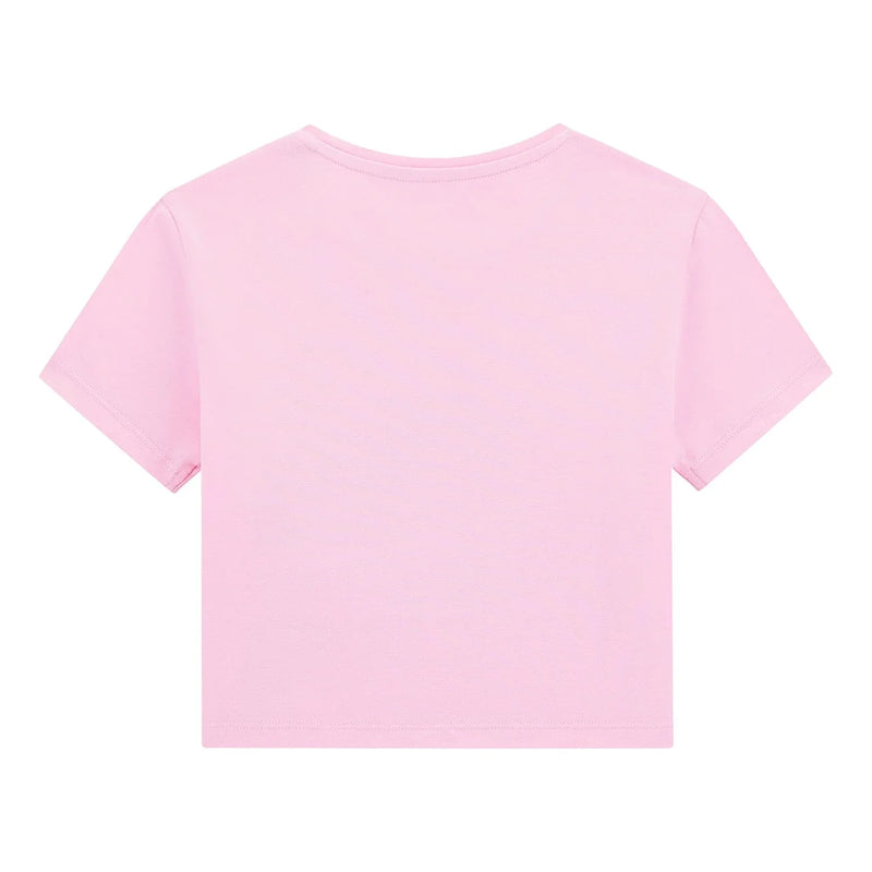 Rear view of the Guess pink cropped t-shirt.