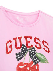 Closer look at the Guess cropped t-shirt showing detail of the cherry logo.