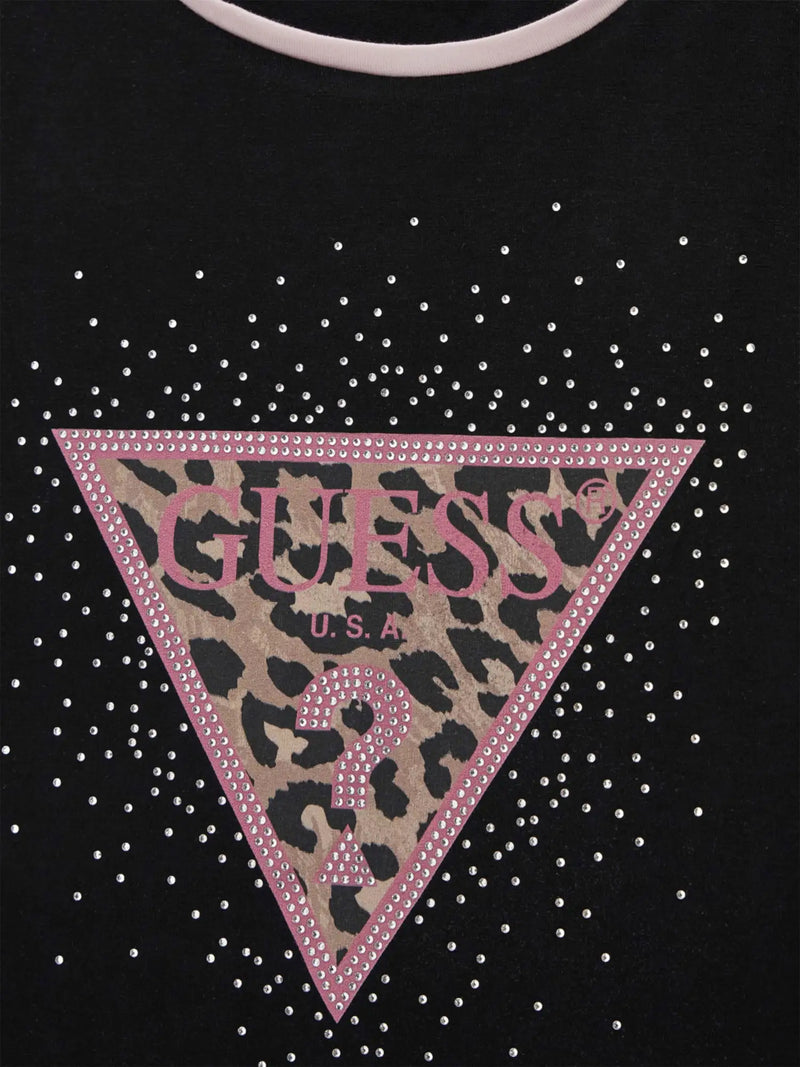 Closer look at the Guess ringer t-shirt showing detail of the leopard print triangle logo.