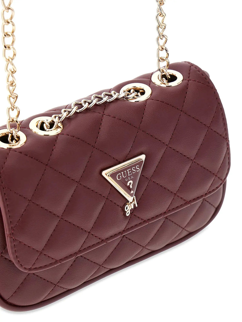 Guess crossbody bag with gold triangle logo badge.