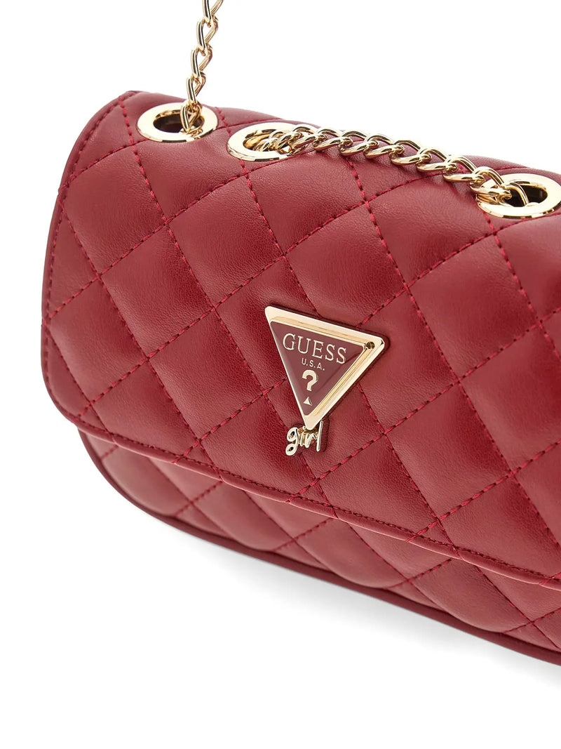 Guess crossbody bag with gold triangle logo badge.