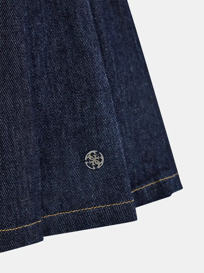 Guess blue skirt with silver logo badge above the hem.