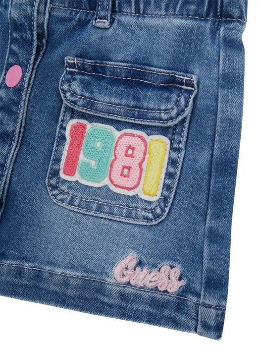 Guess denim skirt with embroidered logo patches.