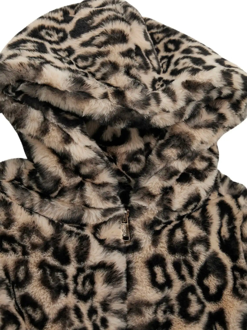 Guess faux fur coat with leopard print pattern.