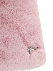 Closer look at the Guess faux fur gilet showing detail of the silver logo badge at the hem.