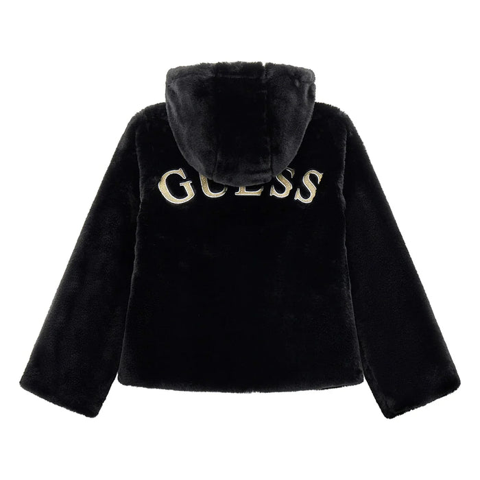 Back of the Guess black faux fur jacket.