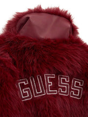 Closer look at the Guess faux fur jacket showing detail of the large embroidered logo.