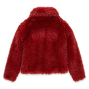 Back of the Guess red faux fur jacket.