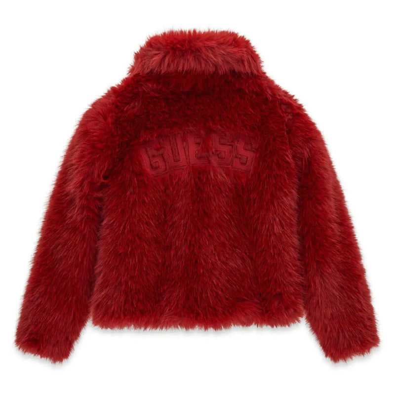 Back of the Guess red faux fur jacket.