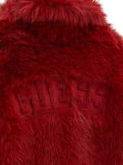 Closer look at the Guess faux fur jacket showing detail of the embroidered logo on the back.