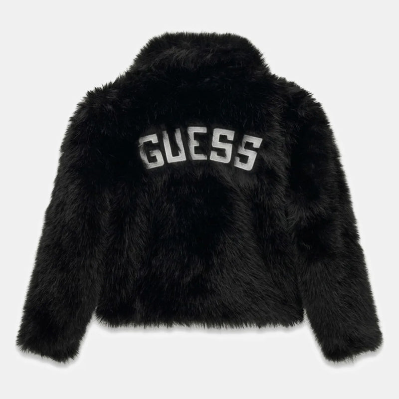 Rear view of the Guess black faux fur jacket.