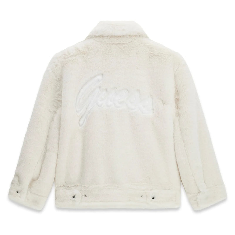 Guess faux fur jacket with script logo on the back.
