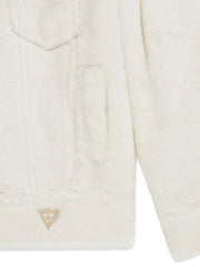 Closer look at the Guess faux fur jacket showing detail of the triangle logo patch at the hem.