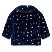 Back of the Guess navy faux fur jacket.