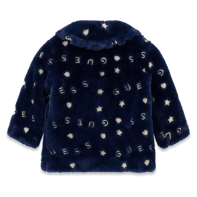 Back of the Guess navy faux fur jacket.