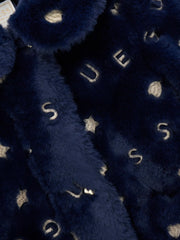 Closer look at the Guess faux fur jacket showing detail of the gold embroidered pattern.