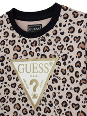 Closer look at the Guess glitter logo sweatshirt showing detail of the leopard print.