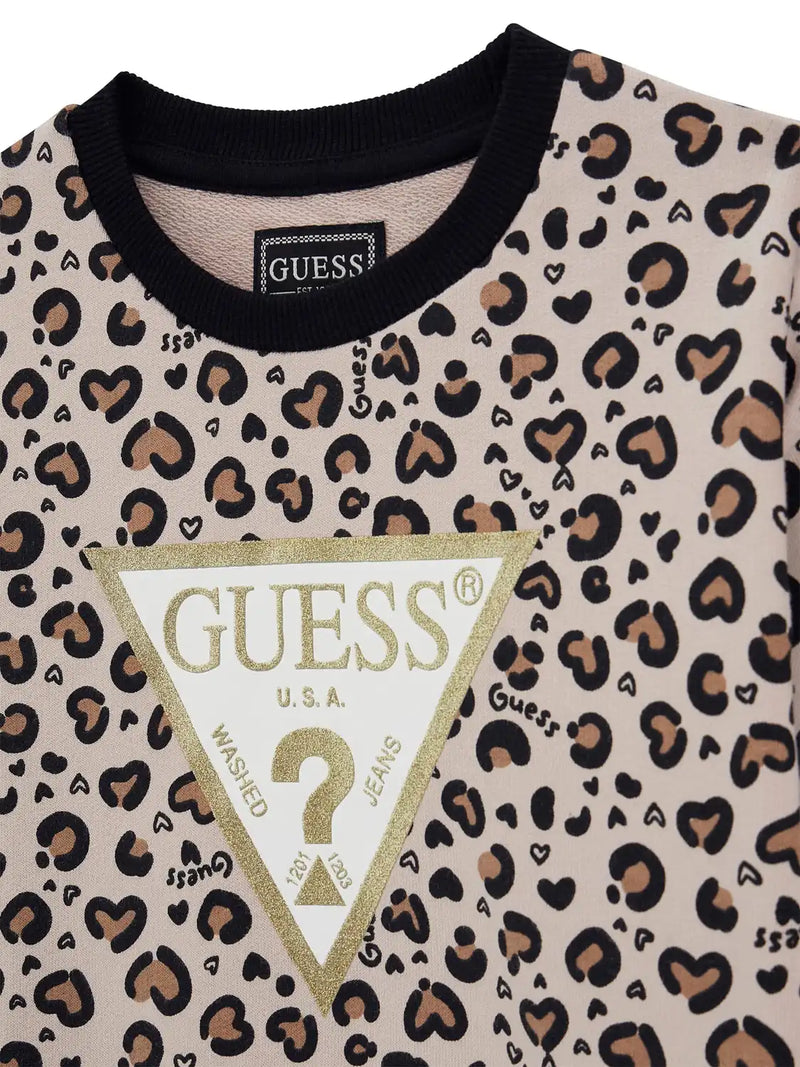 Closer look at the Guess glitter logo sweatshirt showing detail of the leopard print.