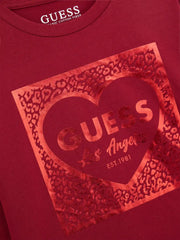 Closer look at the Guess heart logo t-shirt showing detail of the red foil heart logo.