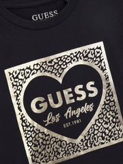 Black Guess t-shirt with gold foil heart logo.