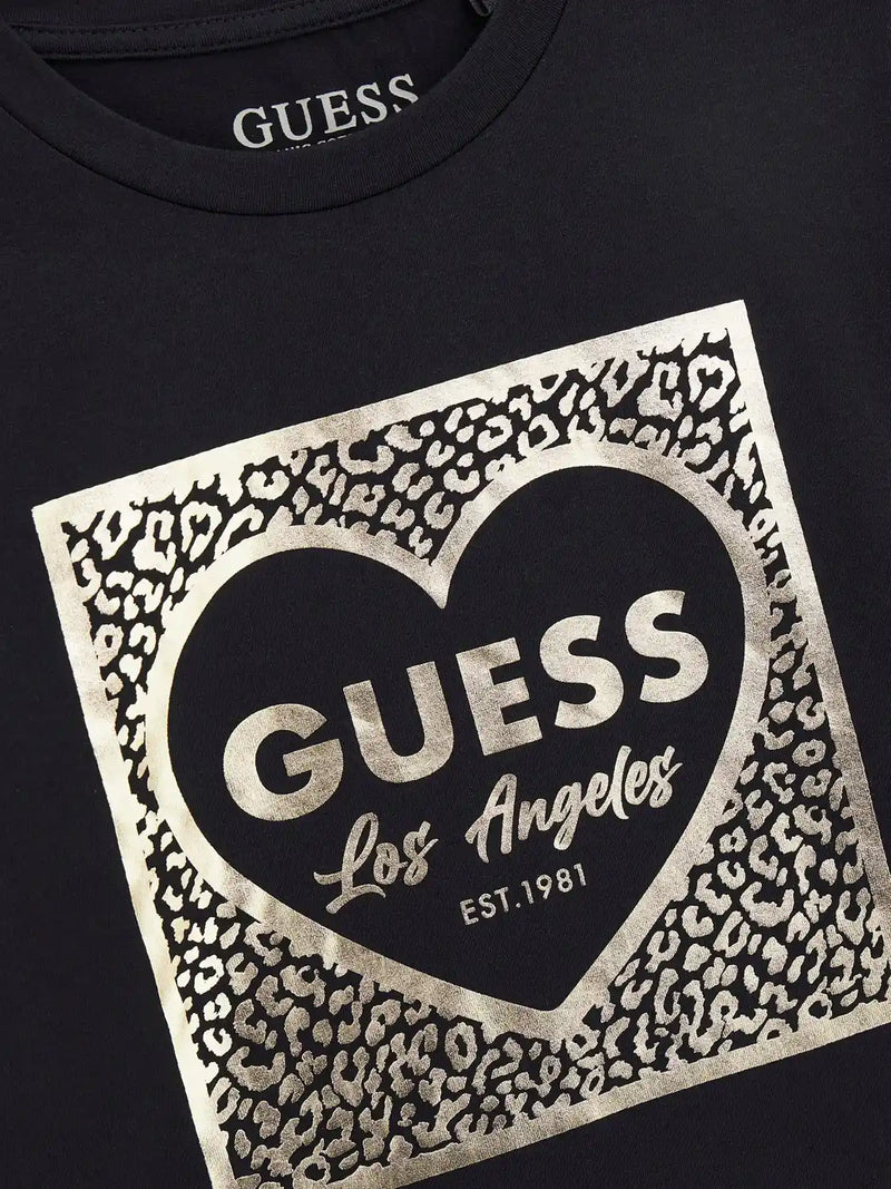 Black Guess t-shirt with gold foil heart logo.